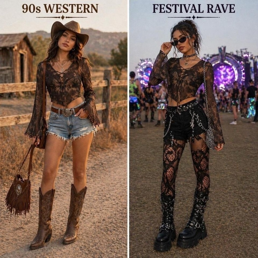 Romwe Mesh Fairy Grunge Butterfly Tie Front Top Sz S Goth Y2K Witchy Western
